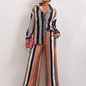 SHEIN Clasi Allover Print Button Front Drop Shoulder Shirt & Wide Leg Pant